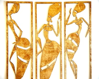 Dancing African Women wood wall art, 3 panel set, in natural or 11 other finishes