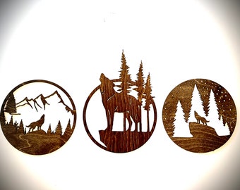 Wolf scenes wall art, three piece round set, available in multiple finishes