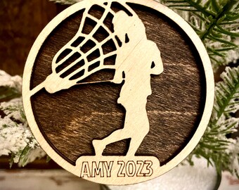 Female Lacrosse player 2-layer personalized laser cut wood Christmas ornament, gift tag available unfinished or stained