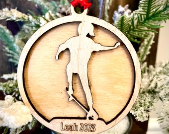 Skateboard FEMALE skater 2-layer personalized laser cut wood Christmas ornament, gift tag available unfinished or stained version 2 of 2