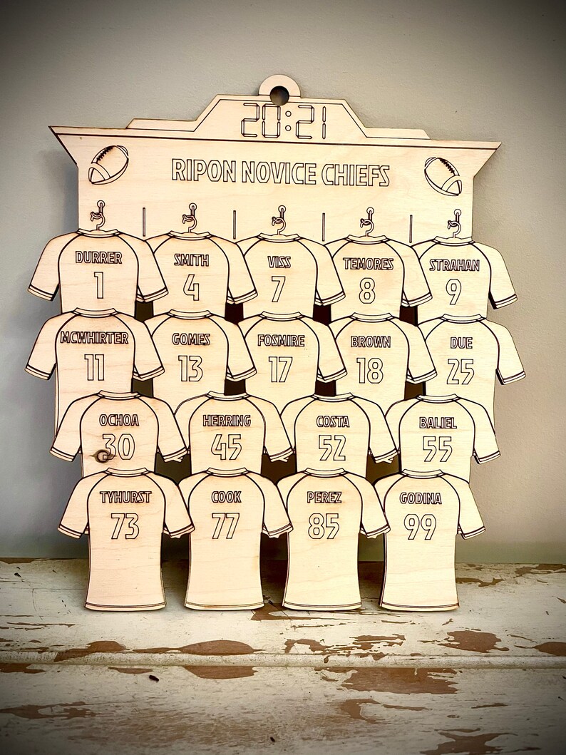 May include: A wooden board with a scoreboard design, featuring the text "20:21 Ripon Novice Chiefs". The board has a series of jersey-shaped cutouts with numbers and names, including "Durrer 1", "Smith 4", "Viss 7", "Temores 8", "Strahan 9", "McWhirter 11", "Gomes 13", "Fosmire 17", "Brown 18", "Due 25", "Ochoa 30", "Herring 45", "Costa 52", "Baliel 55", "Tyhurst 73", "Cook 77", "Perez 85", and "Godina 99".