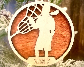 Lacrosse player 2-layer personalized laser cut wood Christmas ornament, gift tag available unfinished or stained (version 16 of 16)