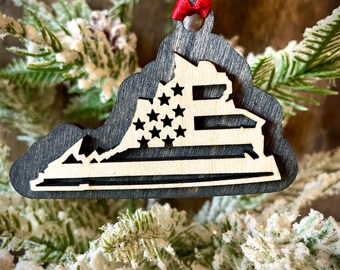 Virginia US Flag 2-layer ornament laser cut wood ornament or gift tag available unfinished or 11 other finish choices