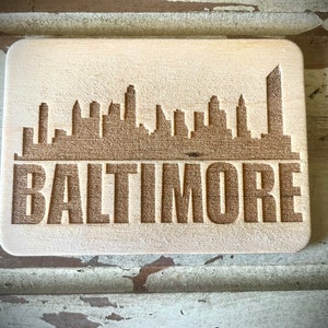 Magnet - Baltimore Skyline cityscape. 3.5&quot; X 2.5&quot; wood magnet.  Great souvenir or memento from your favorite city.
