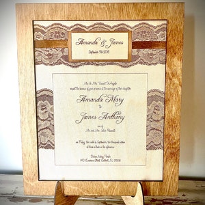 May include: A wedding invitation with a lace design and a brown ribbon. The invitation is for Amanda and James, and it states the date as September 2nd, 2016. The invitation also includes the names of the bride's parents, the groom's parents, the wedding location, and the time of the ceremony.