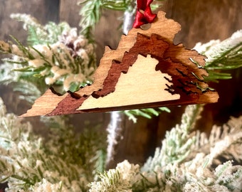 Virginia 3-layer stacked state ornament laser cut wood ornament, Virginia gift tag available in brown tones or gray tones.