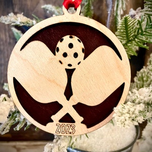 Pickleball paddle 2-layer personalized laser cut wood Christmas ornament, gift tag available unfinished or stained version 10 of 10