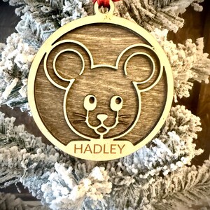 Cute mouse 2-layer personalized laser cut wood Christmas ornament, gift tag available unfinished or stained
