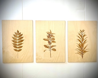 Boho  Plant & Leaves laser engraved wall art, 3 piece set