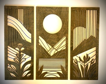 Mid Century Modern floral landscape wood wall art, 3 panel set in multiple sizes and finishes, Boho Modern - Style E