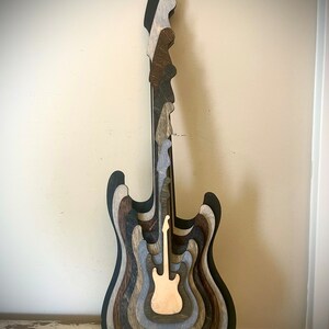 Stacked Electric Guitar 3D table art, Full Body, neck, & headstock wall art, multi-color. Great for rock music fans. Gray Tones