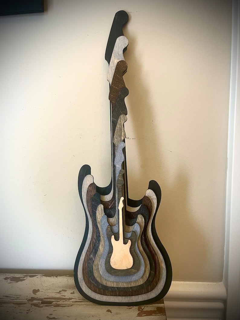 Stacked Electric Guitar 3D table art, Full Body, neck, & headstock wall art, multi-color. Great for rock music fans. Gray Tones