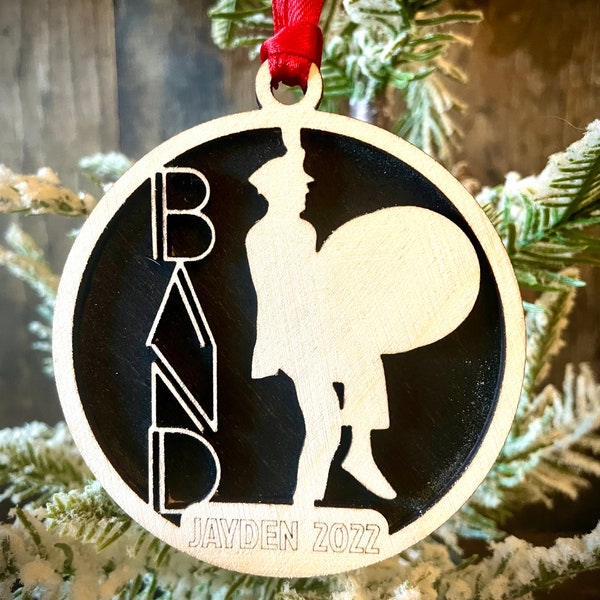 Marching band bass drum player 2-layer personalized laser cut wood Christmas ornament, gift tag available unfinished or stained v. 5 of 18