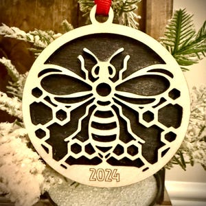 Honey bee bumble bee 2-layer personalized laser cut wood Christmas ornament, gift tag available unfinished or stained