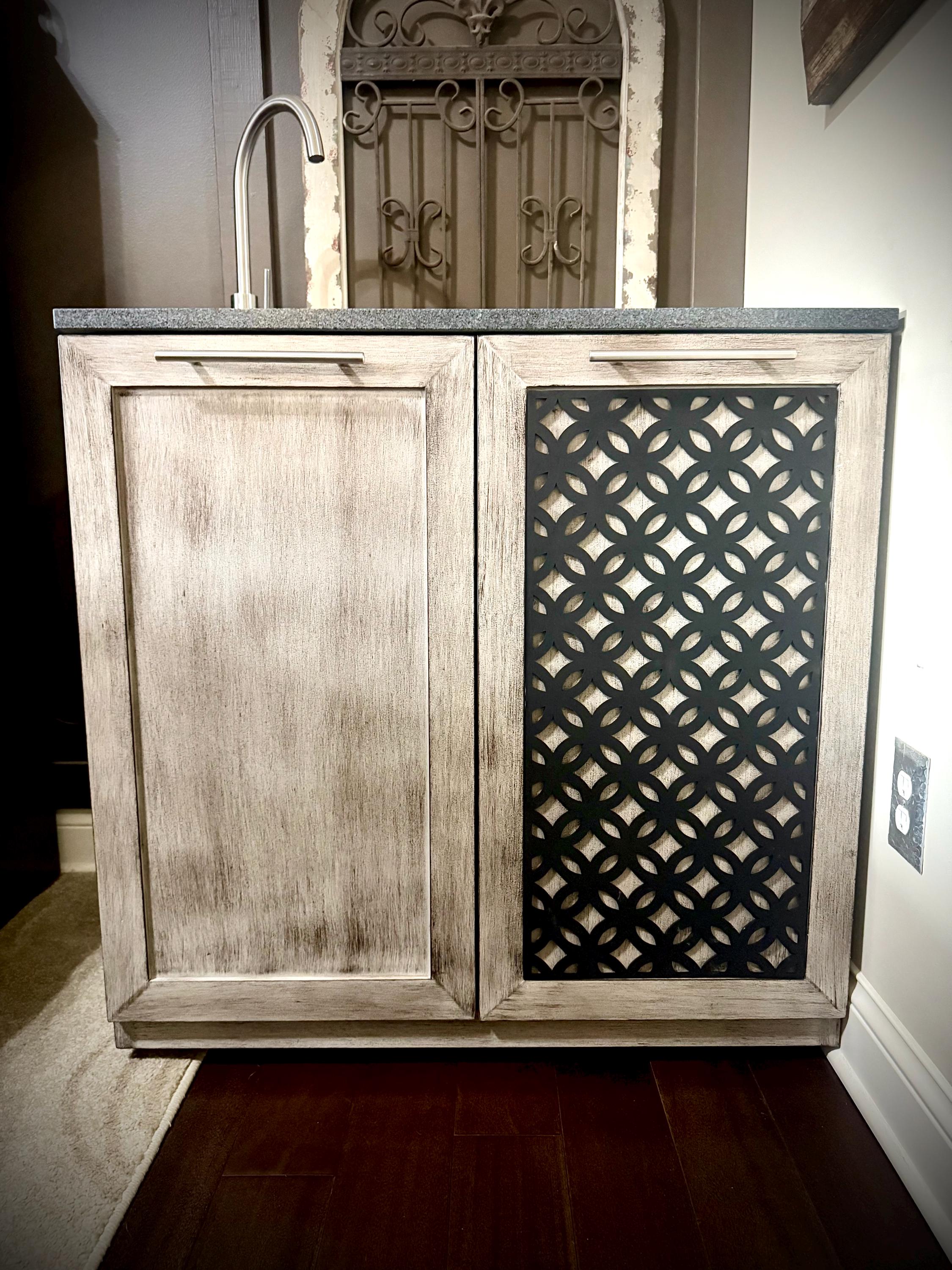 Kitchen & Bathroom Cabinet Facings Celtic Ironworks Pattern custom sized panels raw, primed, finished 011