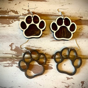 Dog paw wood dangle earrings available as single our double layer in 3 sizes and 12 finishes