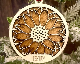 Sunflower 2-layer personalized laser cut wood Christmas ornament, gift tag available unfinished or stained