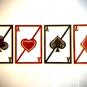 4 cartas de baralho de madeira Aces, arte de parede com 4 painéis, disponível em vários tamanhos e acabamentos, decoração de parede original
