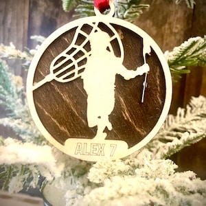 Lacrosse player 2-layer personalized laser cut wood Christmas ornament, gift tag available unfinished or stained (version 7 of 16)