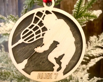 Lacrosse player 2-layer personalized laser cut wood Christmas ornament, gift tag available unfinished or stained (version 11 of 16)