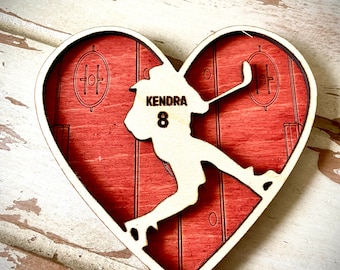 Personalized Female Hockey Heart, Woman's Hockey, Girl's hockey Valentine Heart Magnet with Engraved Hockey Rink and Player Name and Number