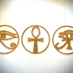 Egyptian Symbol Ankh Cross, Eye of Ra with Ankh & Eye of Horus wood wall art 3 panel multiple sizes and finishes, decor wall art original