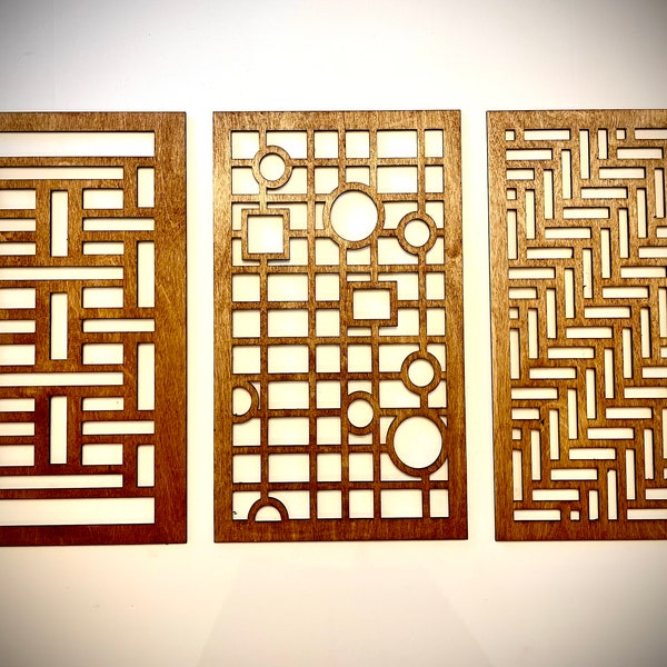 Arte de pared de madera inspirado en Frank Lloyd Wright con geometría moderna boho, 3 paneles en varios tamaños y acabados, arte de pared original