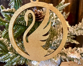 Boho Modern Art Deco single swan wood ornaments in bright gold or 14 other finishes