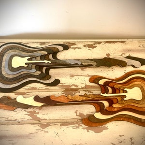 Stacked Electric Guitar 3D table art, Full Body, neck, & headstock wall art, multi-color.  Great for rock music fans.