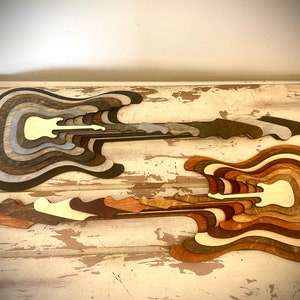 Stacked Electric Guitar 3D table art, Full Body, neck, & headstock wall art, multi-color. Great for rock music fans. image 1