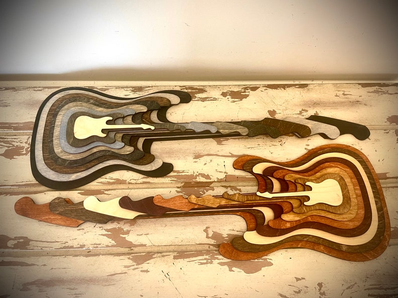 Stacked Electric Guitar 3D table art, Full Body, neck, & headstock wall art, multi-color. Great for rock music fans. image 1