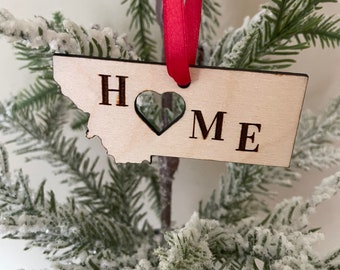 Montana HOME ornament laser cut wood ornament, Montana gift tag available unfinished or 11 other finish choices