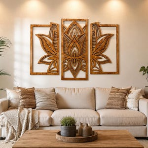 Lotus Flower Wall Art | 3 Panel Wood Wall Decor | Boho Zen Meditation Room Decor