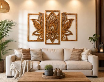 Lotus Flower Wall Art | 3 Panel Wood Wall Decor | Boho Zen Meditation Room Decor