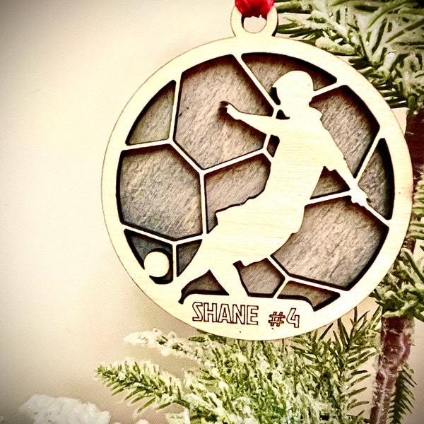 Soccer player 2-layer personalized laser cut wood Christmas ornament, gift tag available unfinished or stained (version 9 of 12)