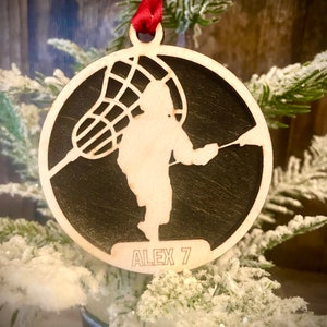 Lacrosse player 2-layer personalized laser cut wood Christmas ornament, gift tag available unfinished or stained (version 9 of 16)