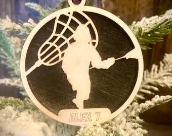 Lacrosse player 2-layer personalized laser cut wood Christmas ornament, gift tag available unfinished or stained (version 9 of 16)