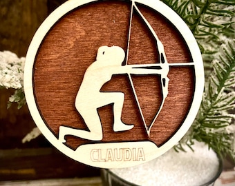 Female archery bow and arrow 2-layer personalized laser cut wood Christmas ornament, gift tag available unfinished or stained