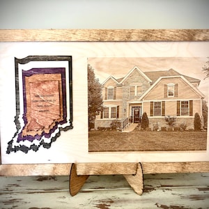 Realtor closing gift-Home photo engraved on wood along with engraved stacked state with easel 20x12