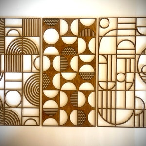 Boho Modern Bauhaus style wood wall art, 3 panel available in multiple sizes and finishes, decor wall art set B