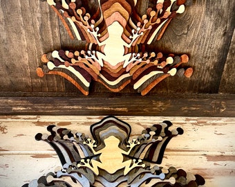 Stacked Frogs wood 3D table art / wall art, multi-color.  Collect frogs.  Frog collection.