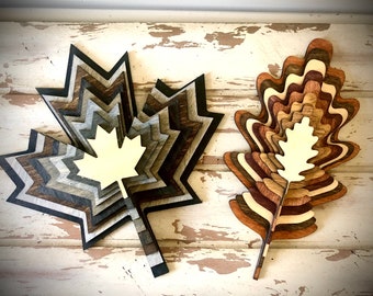 Stacked wood maple  and oak leaves 3D table art / wall art, multi-color.