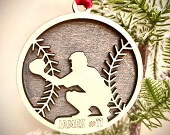 Baseball player 2-layer personalized laser cut wood Christmas ornament, gift tag available unfinished or stained (version 4 of 6)