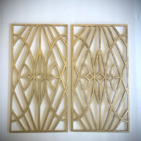 Boho Modern Frank Lloyd Wright-inspired Art Deco Geometry wood wall art, 2 panel in bright gold or 12 other finishes, set T