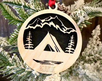 Tent camping with lake and mountains 2-layer personalized laser cut wood Christmas ornament, gift tag available unfinished or stained