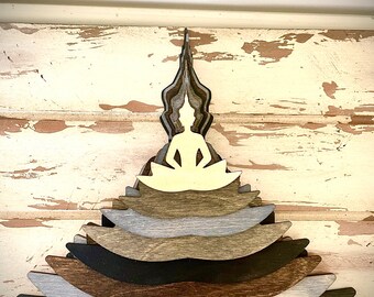 Lotus Flower Yoga pose stacked mandala wood table or wall wall art available in brown or gray tones, decor wall art original