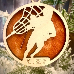 Lacrosse player 2-layer personalized laser cut wood Christmas ornament, gift tag available unfinished or stained (version 1 of 16)