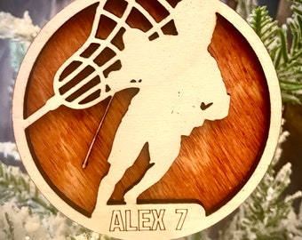Lacrosse player 2-layer personalized laser cut wood Christmas ornament, gift tag available unfinished or stained (version 1 of 16)
