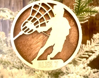 Lacrosse player 2-layer personalized laser cut wood Christmas ornament, gift tag available unfinished or stained (version 10 of 16)