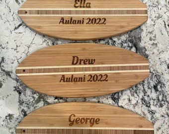 Mini surfboard charcuterie board, cutting board, serving board with personalized engraving; Makes great autograph board for Disney Aulani